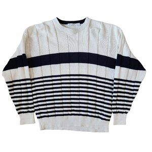 Vintage Men's Claiborne Long Sleeve Cotton Sweater Made in USA Size L Navy Cream